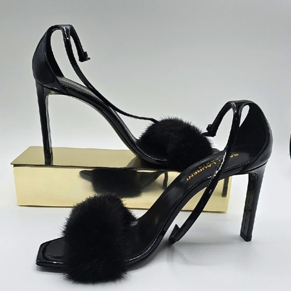 Saint Laurent Black Fur Strap Heels 37 1/2 - Picture 4 of 16